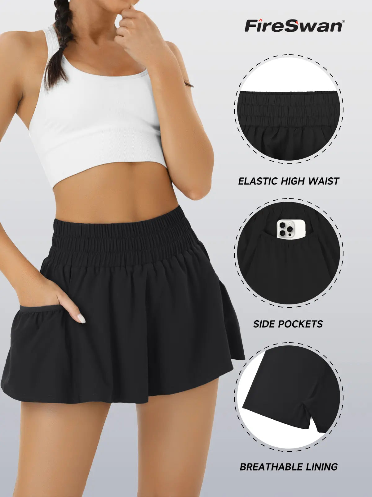 Fireswan Women's High-Waisted Athletic Shorts - Elastic Running and Gym Workout Shorts with Pockets