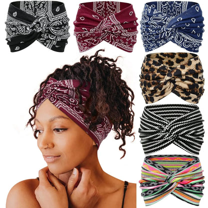 CUBIDUPI 6-Piece Bohemian Wide Headband Set – Breathable Yoga Sweatbands for Women, Ideal for Running and Fitness Activities