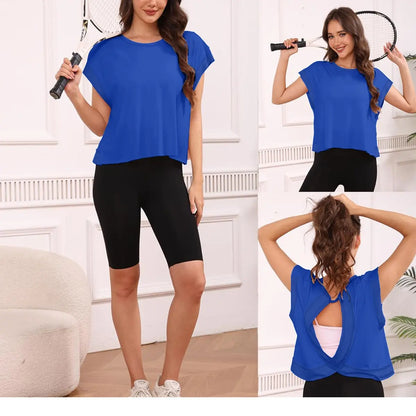 SCUSTY Women's Casual Sportswear Short Sleeve Open Back Workout Tops for Yoga and Gym Activities